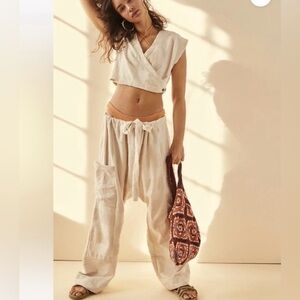 Island Set Free People BEACH Ivory French Terry Knit Crop Top & Pants size SMALL